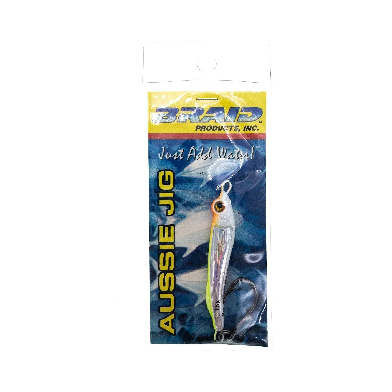 Durable fish hooks for heavy fish-Braid Aussie Jig 1/2 oz. Chartreuse Flame