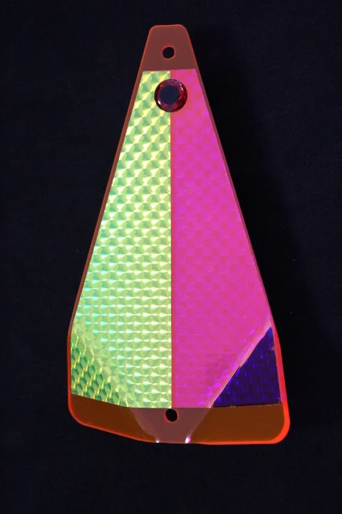 Fluorescent Pink Body, 1/2 Pink UV-1/2 Chartreuse Front, 1/2 Pink UV-1/2 Chartreuse Back